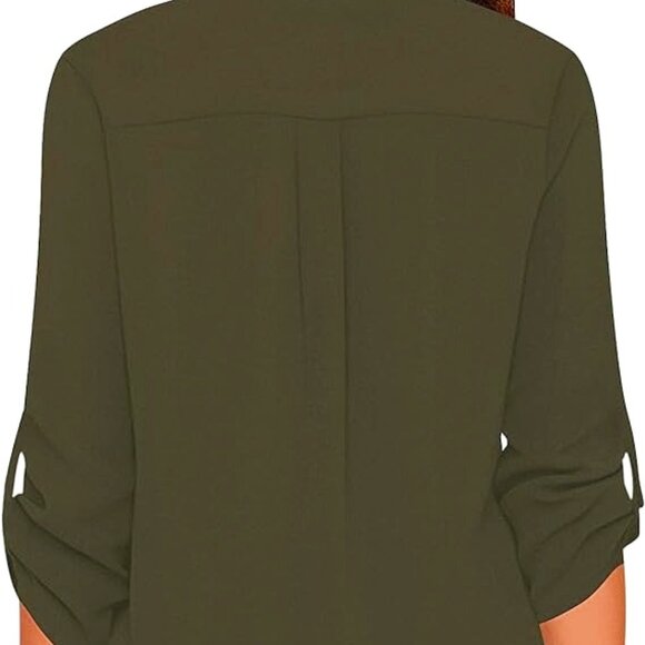 NWOT- Women's Chiffon V-Neck Business Casual Blouse with Cuffed Sleeves - Picture 2 of 8